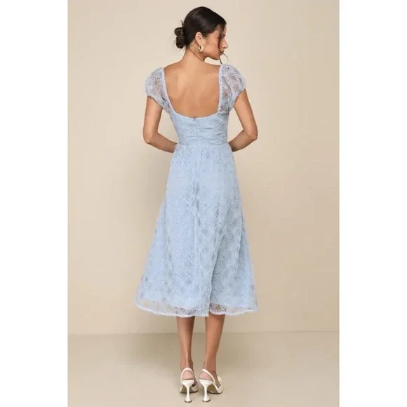 Lulus Exceedingly Elegant Midi Dress Sz Medium Blue Floral Applique Bustier NWT - Picture 2 of 11